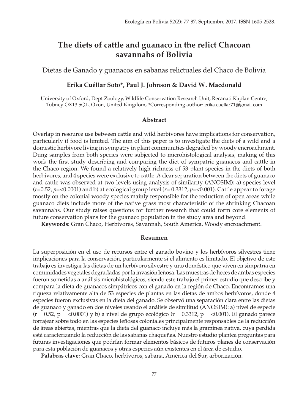 The Diets of Cattle and Guanaco in the Relict Chacoan Savannahs of Bolivia