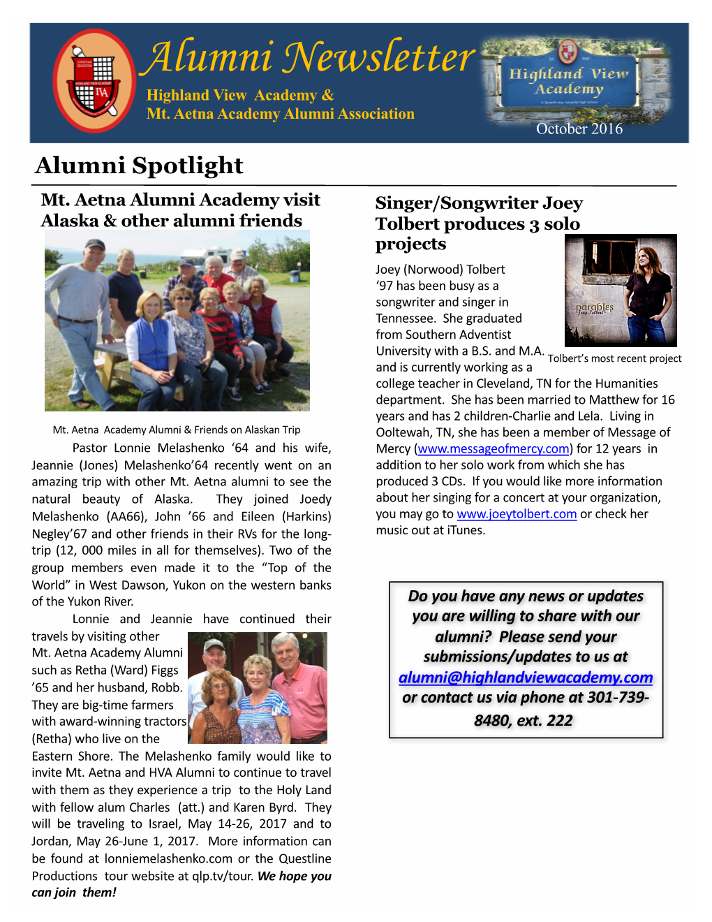 Alumni Newsletter Highland View Academy & Mt