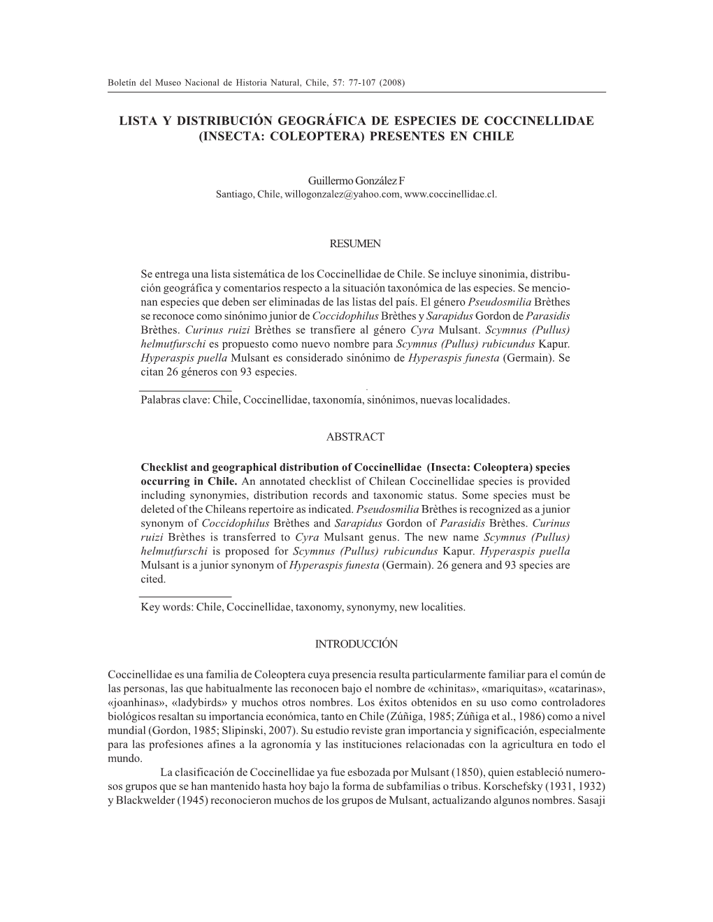 Lista Y Distribución Geográfica De Especies De Coccinellidae (Insecta: Coleoptera) Presentes En Chile