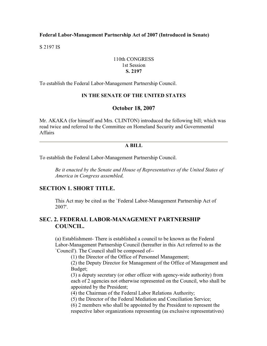 Federal Labor-Management Partnership Act of 2007 (Introduced in Senate)