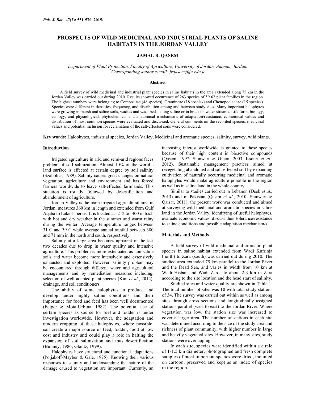 Prospects of Wild Medicinal and Industrial Plants of Saline Habitats in the Jordan Valley