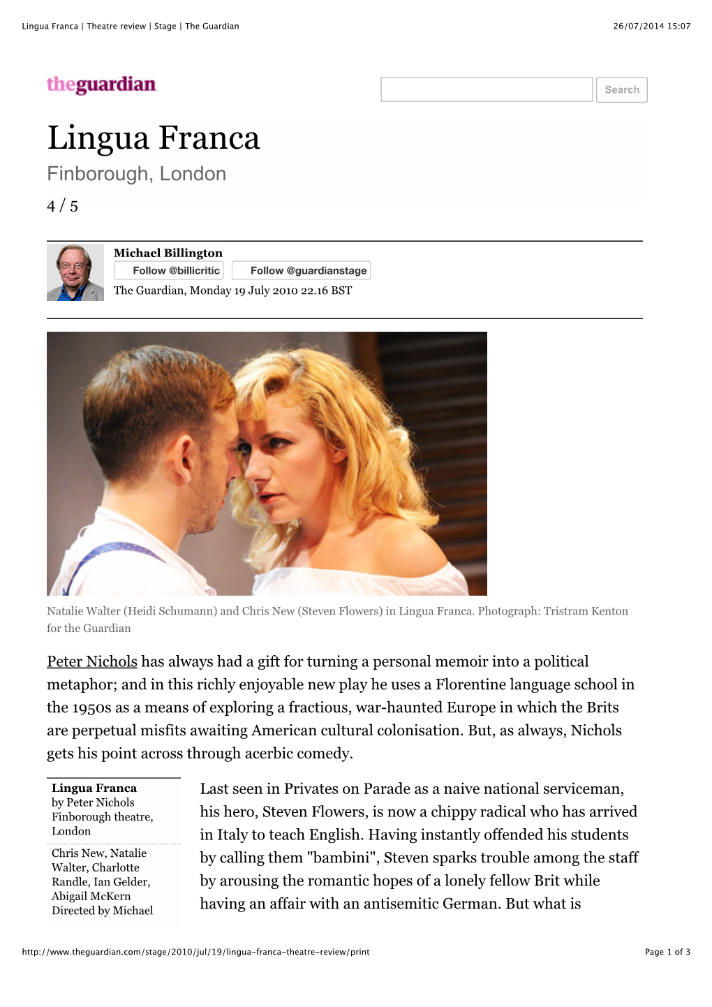 Lingua Franca | Theatre Review | Stage | the Guardian 26/07/2014 15:07