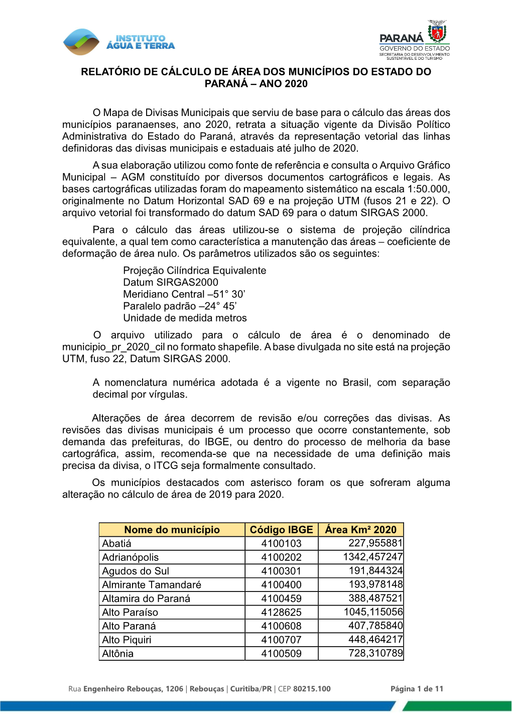 Relatório De Cálculo De Área Dos Municípios Do Paraná