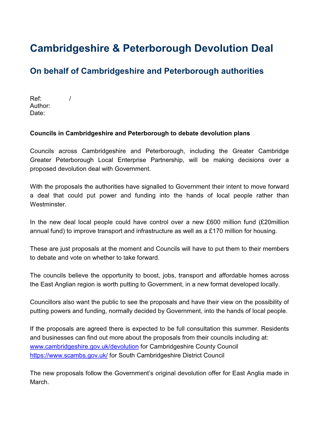 Cambridgeshire & Peterborough Devolution Deal