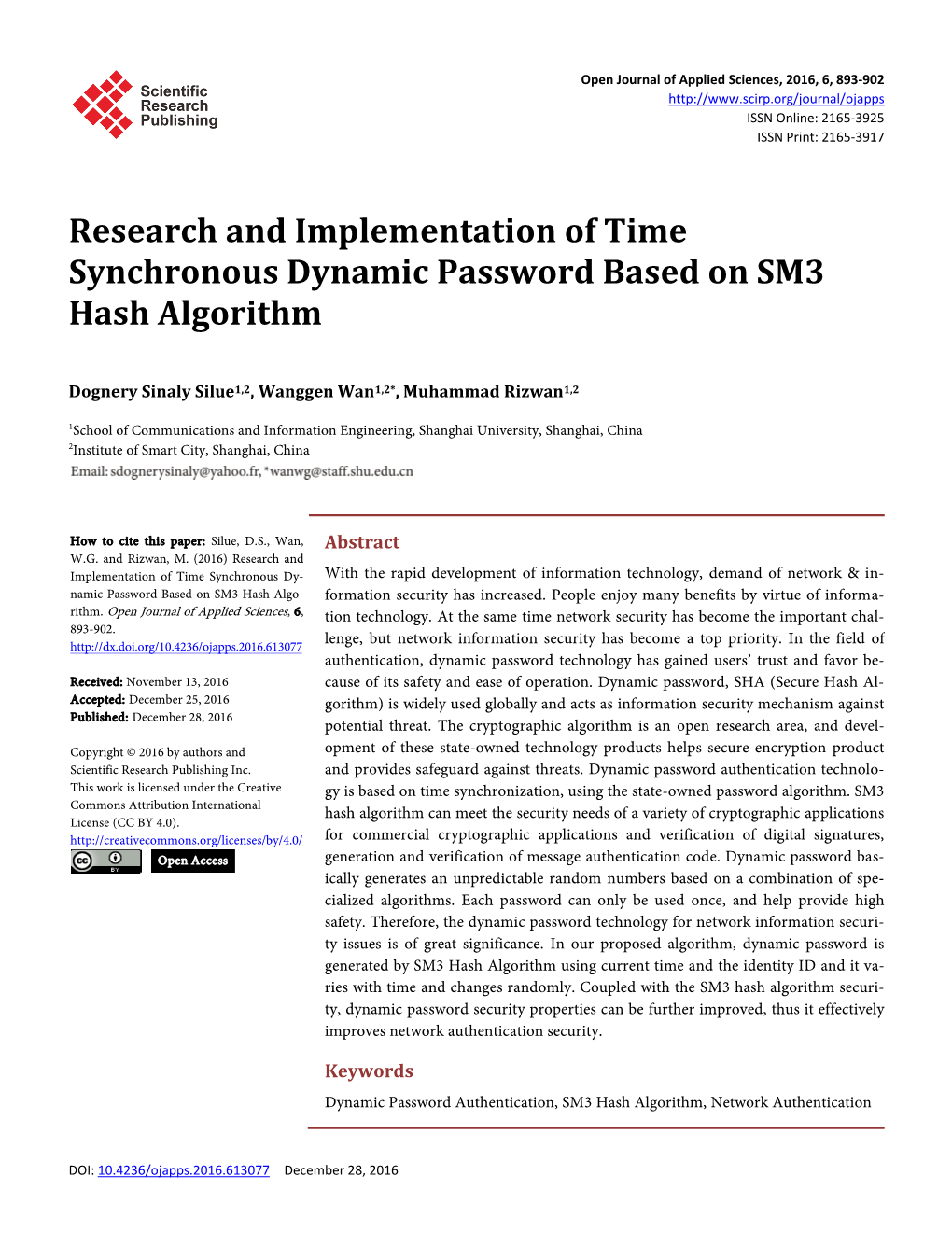 Research and Implementation of Time Synchronous Dynamic Password Based on SM3 Hash Algorithm