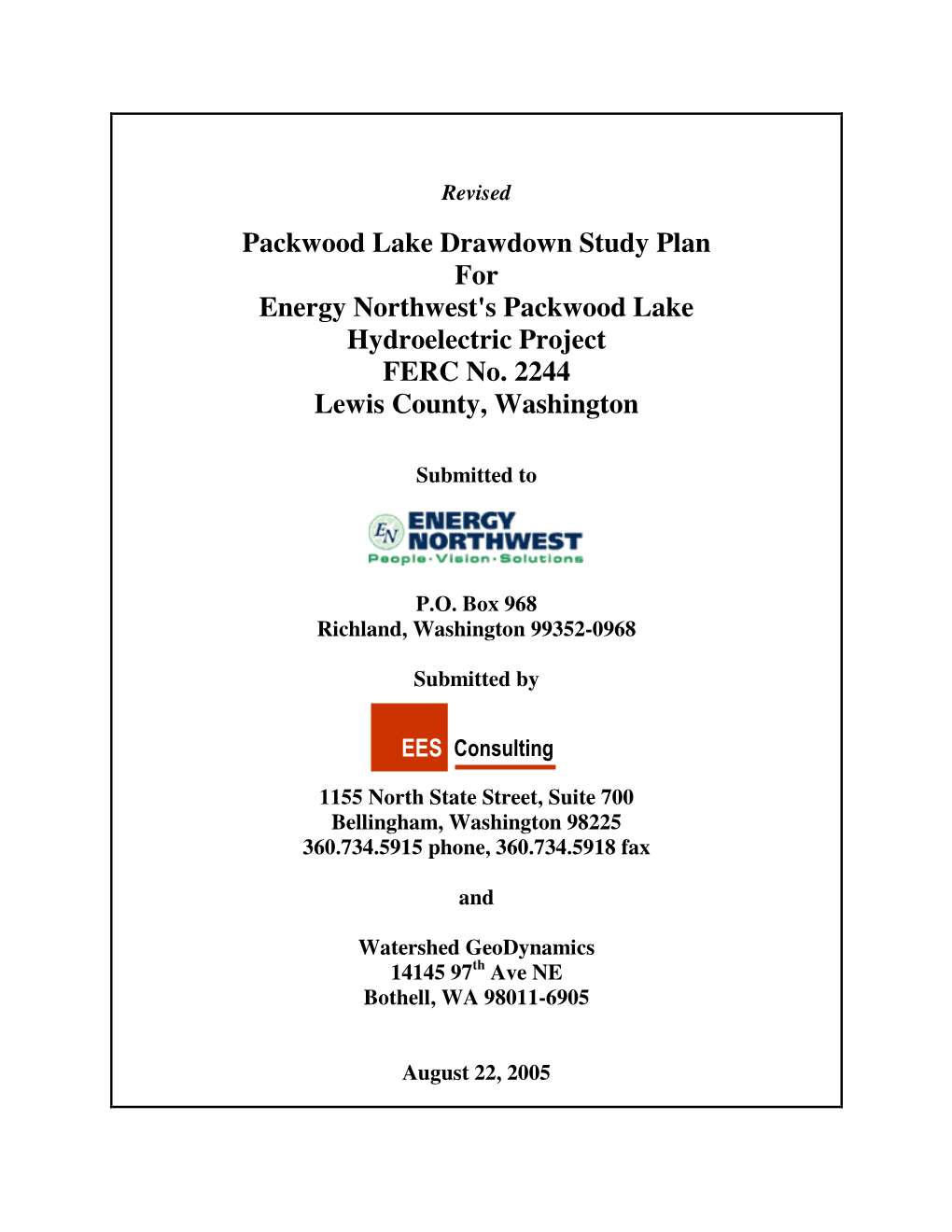 Packwood Lake Drawdown Study Plan for Energy Northwest's Packwood Lake Hydroelectric Project FERC No
