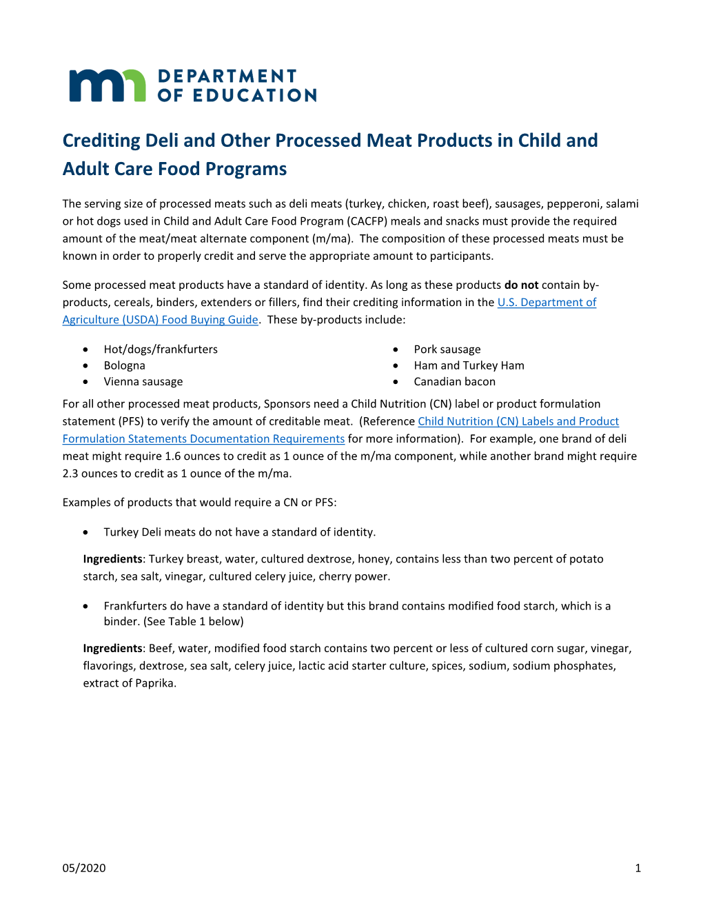 Crediting Deli and Other Processed Meat Products in Child and Adult Care Food Programs