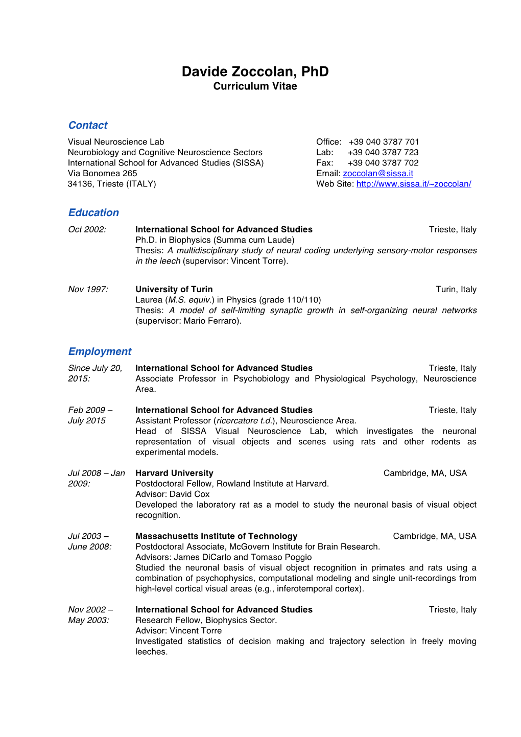 Davide Zoccolan, Phd Curriculum Vitae