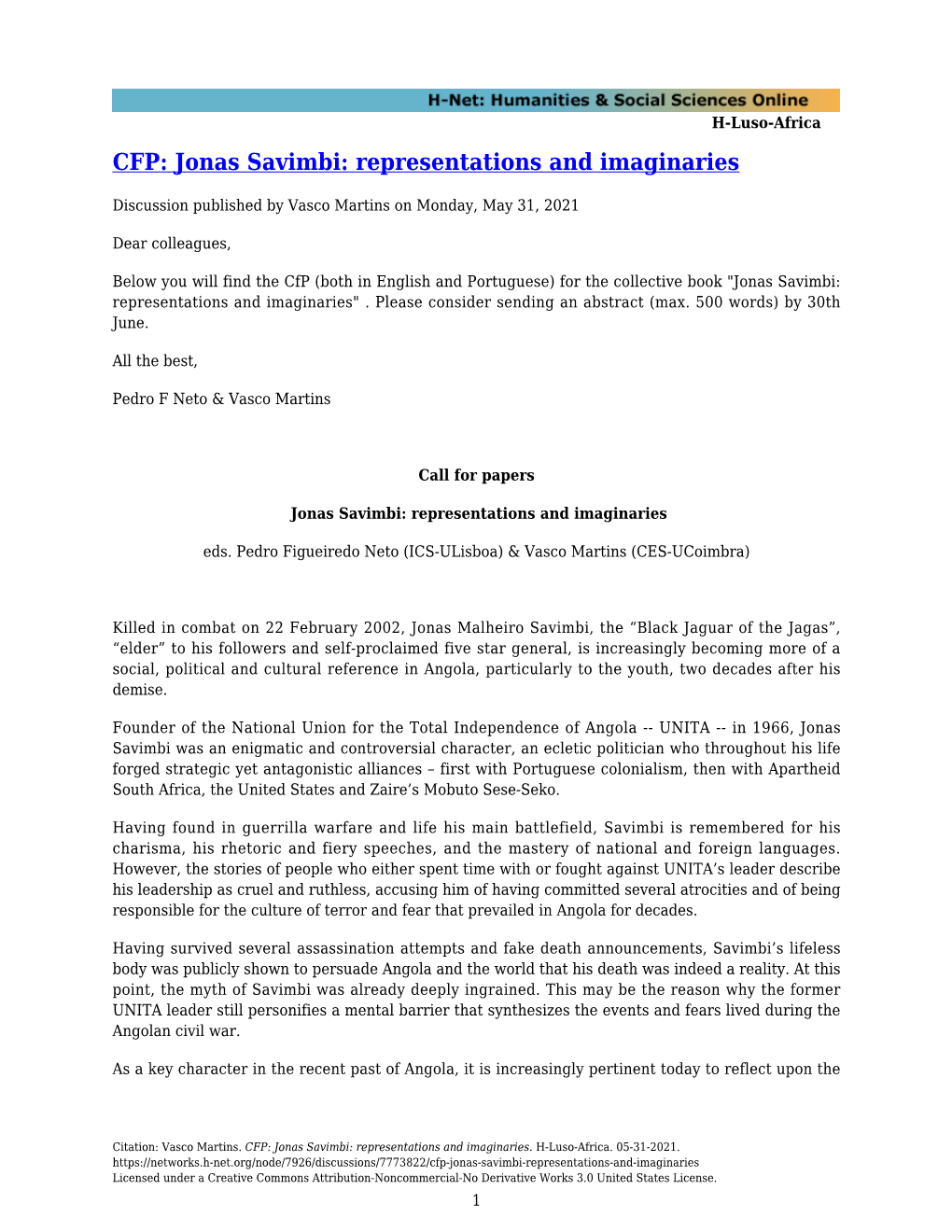 Jonas Savimbi: Representations and Imaginaries