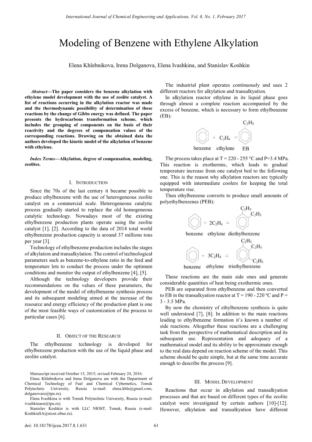 Modeling of Benzene with Ethylene Alkylation