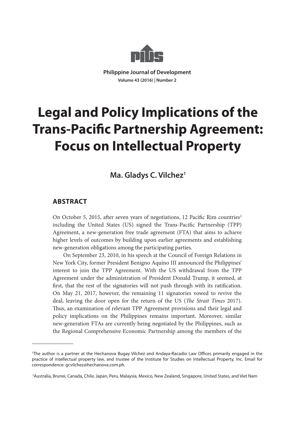 Legal and Policy Implications of the Trans-Pacific Partnership Agreement: Focus on Intellectual Property