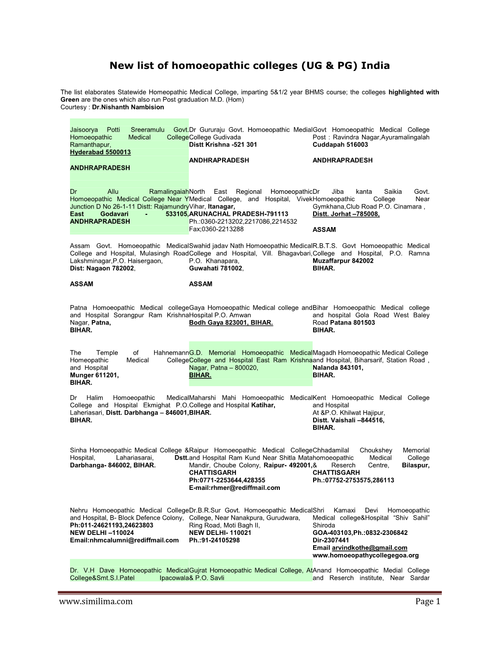 New List of Homoeopathic Colleges (UG & PG) India