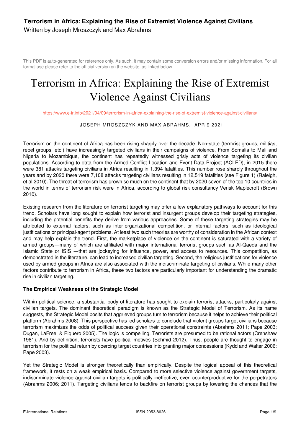 Terrorism in Africa: Explaining the Rise of Extremist Violence Against Civilians Written by Joseph Mroszczyk and Max Abrahms