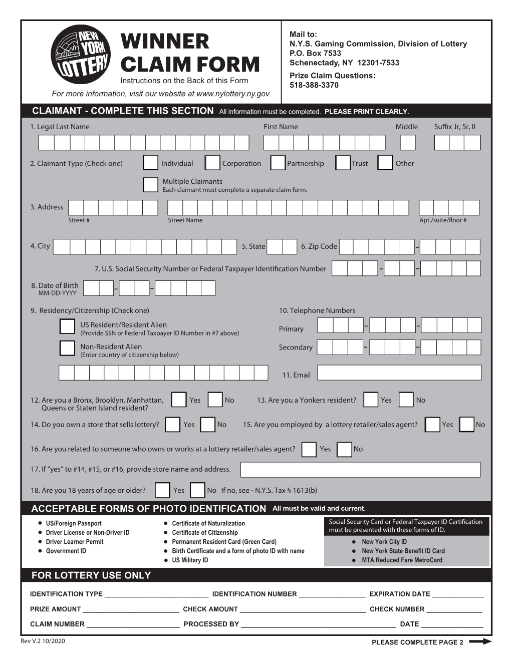 Winner Claim Form Checklist for Mail-In Claims