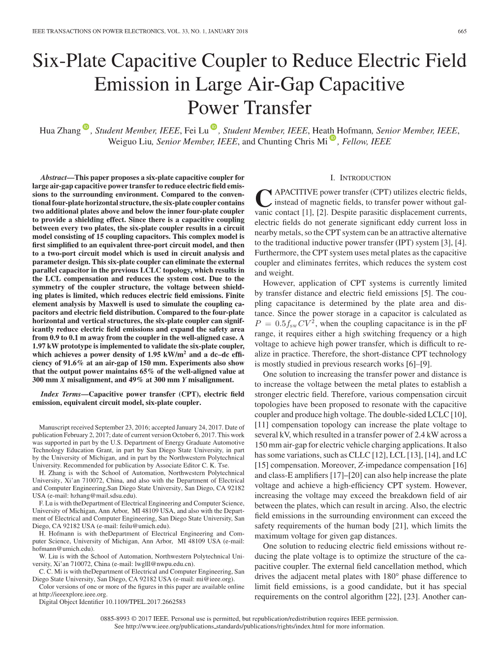 Six-Plate Capacitive Coupler to Reduce Electric Field Emission In