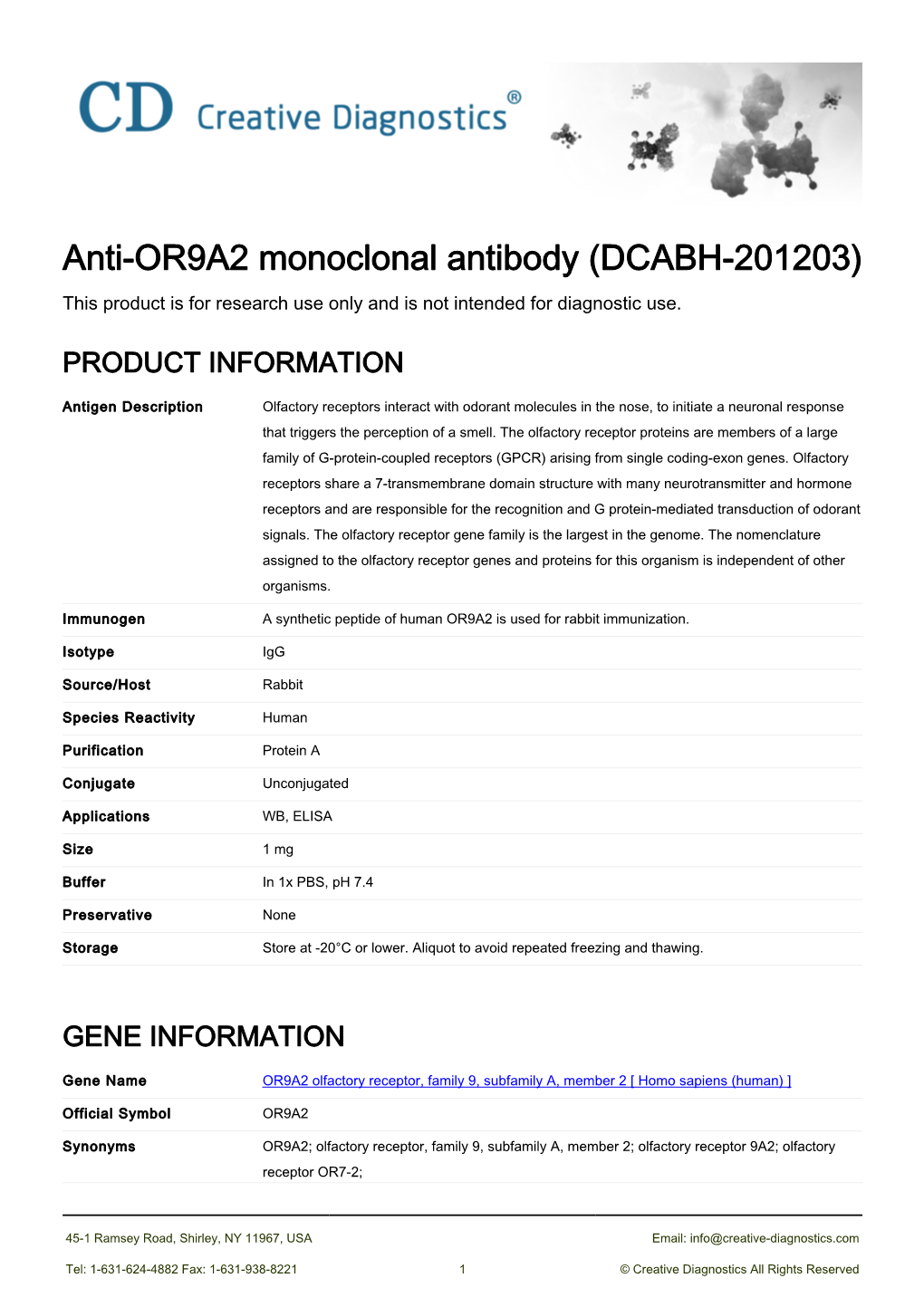 Anti-OR9A2 Monoclonal Antibody (DCABH-201203) This Product Is for Research Use Only and Is Not Intended for Diagnostic Use