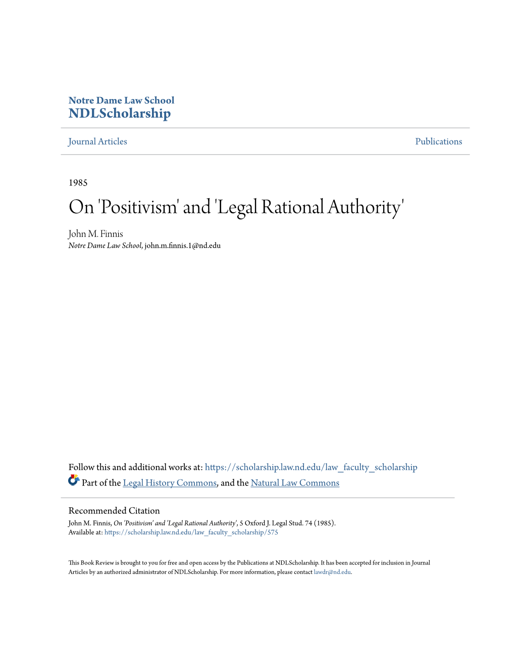 On 'Positivism' and 'Legal Rational Authority' John M