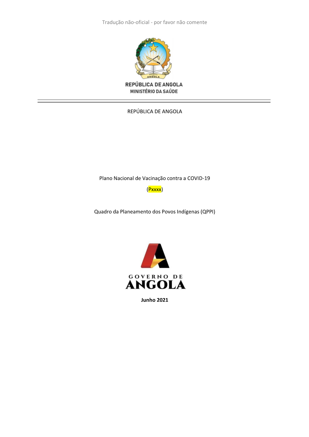 Por Favor Não Comente REPÚBLICA DE ANGOLA Plano