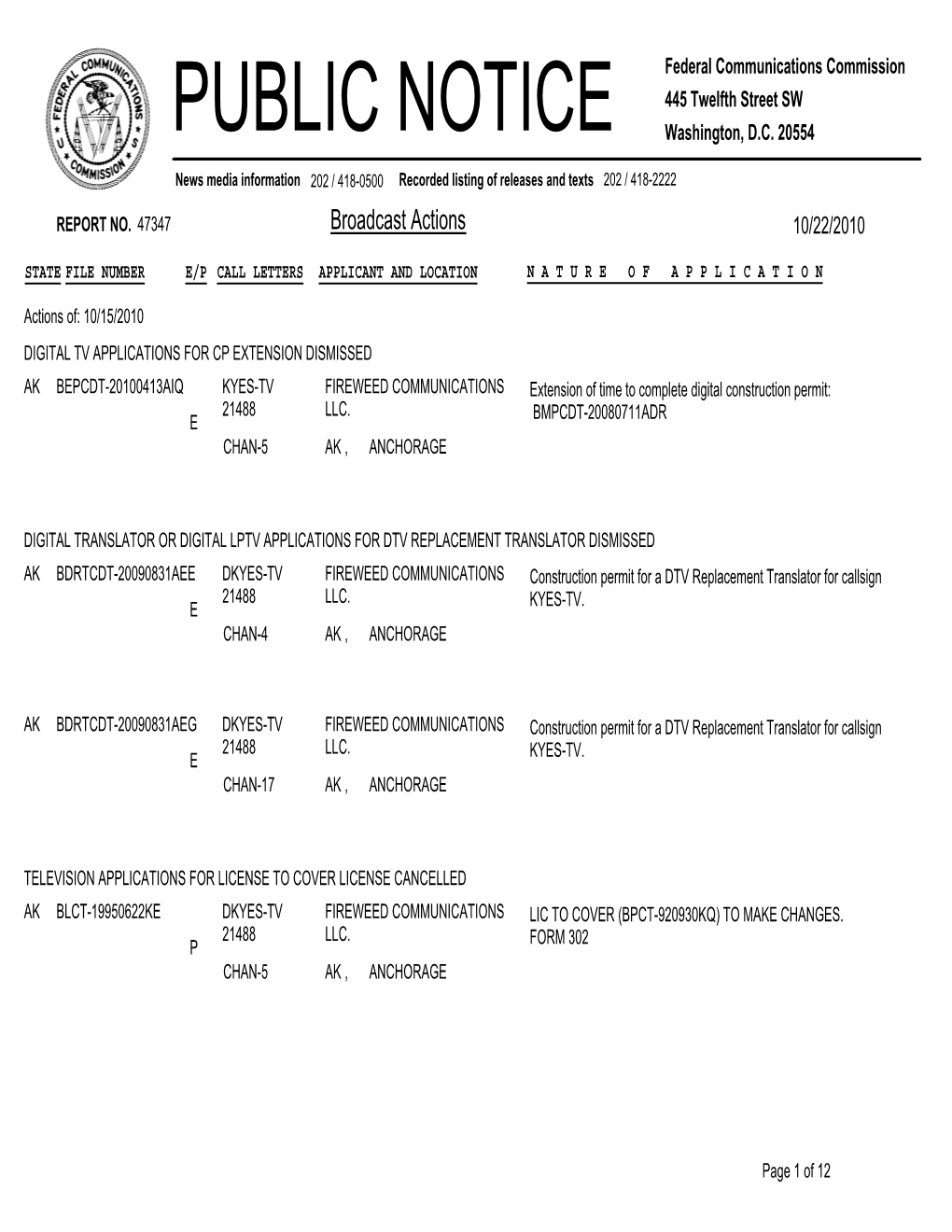 Broadcast Actions 10/22/2010