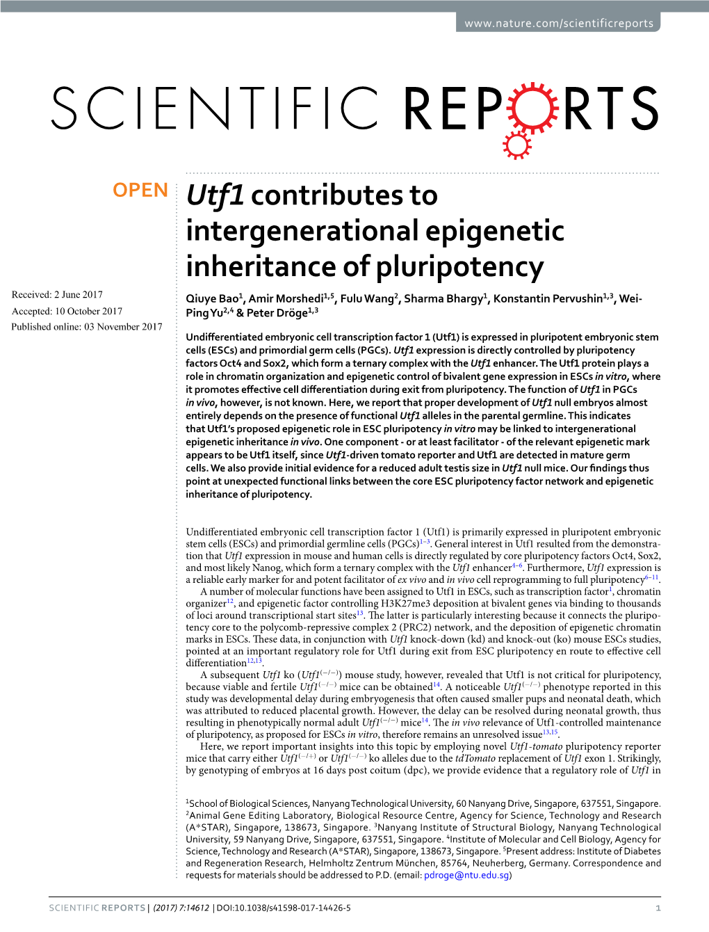 Utf1 Contributes to Intergenerational Epigenetic Inheritance of Pluripotency