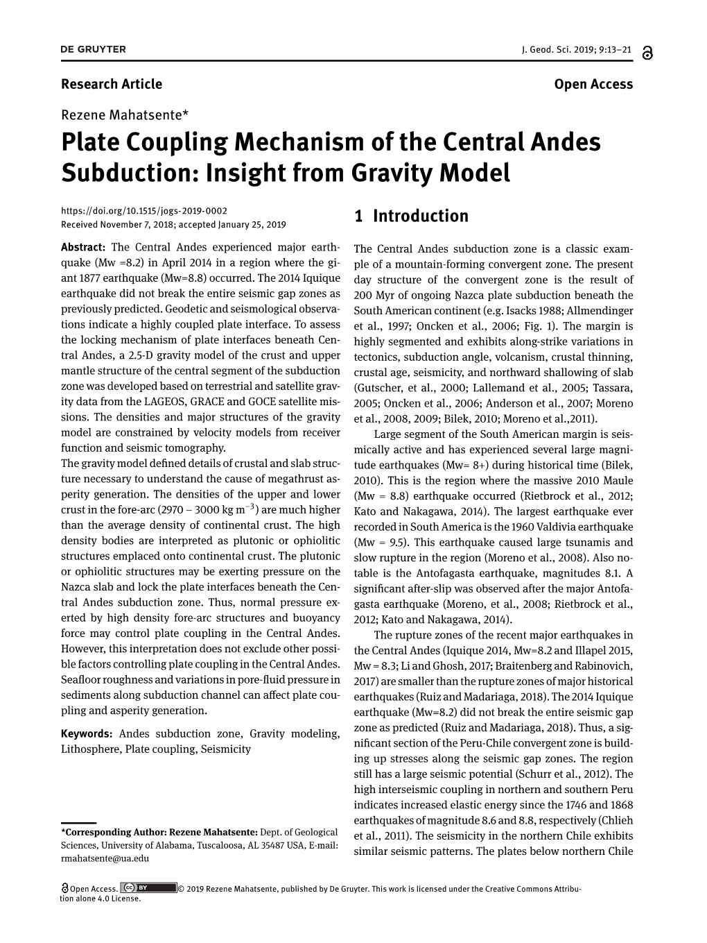 Plate Coupling Mechanism of the Central Andes