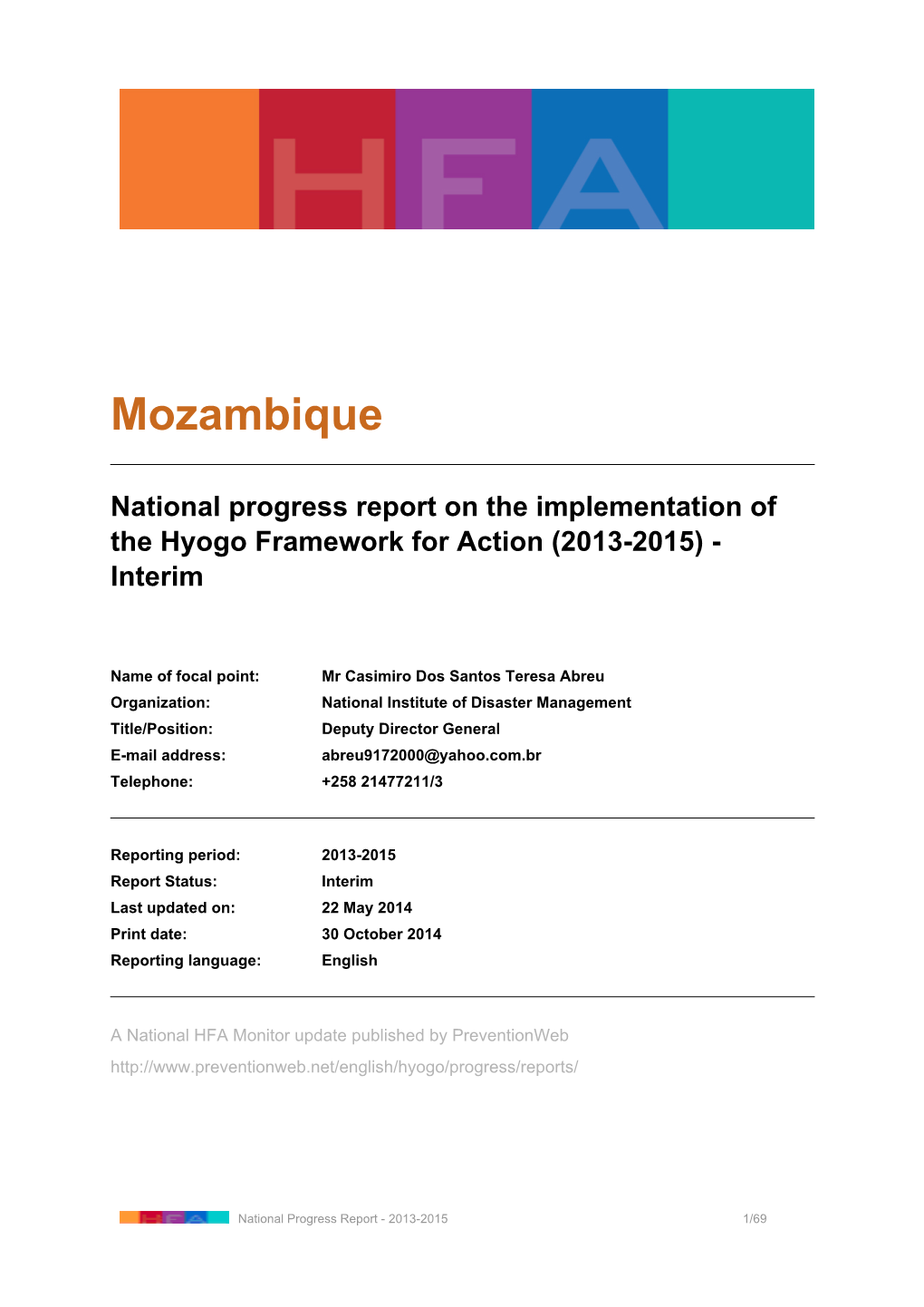 Mozambique: National Progress Report on the Implementation of The
