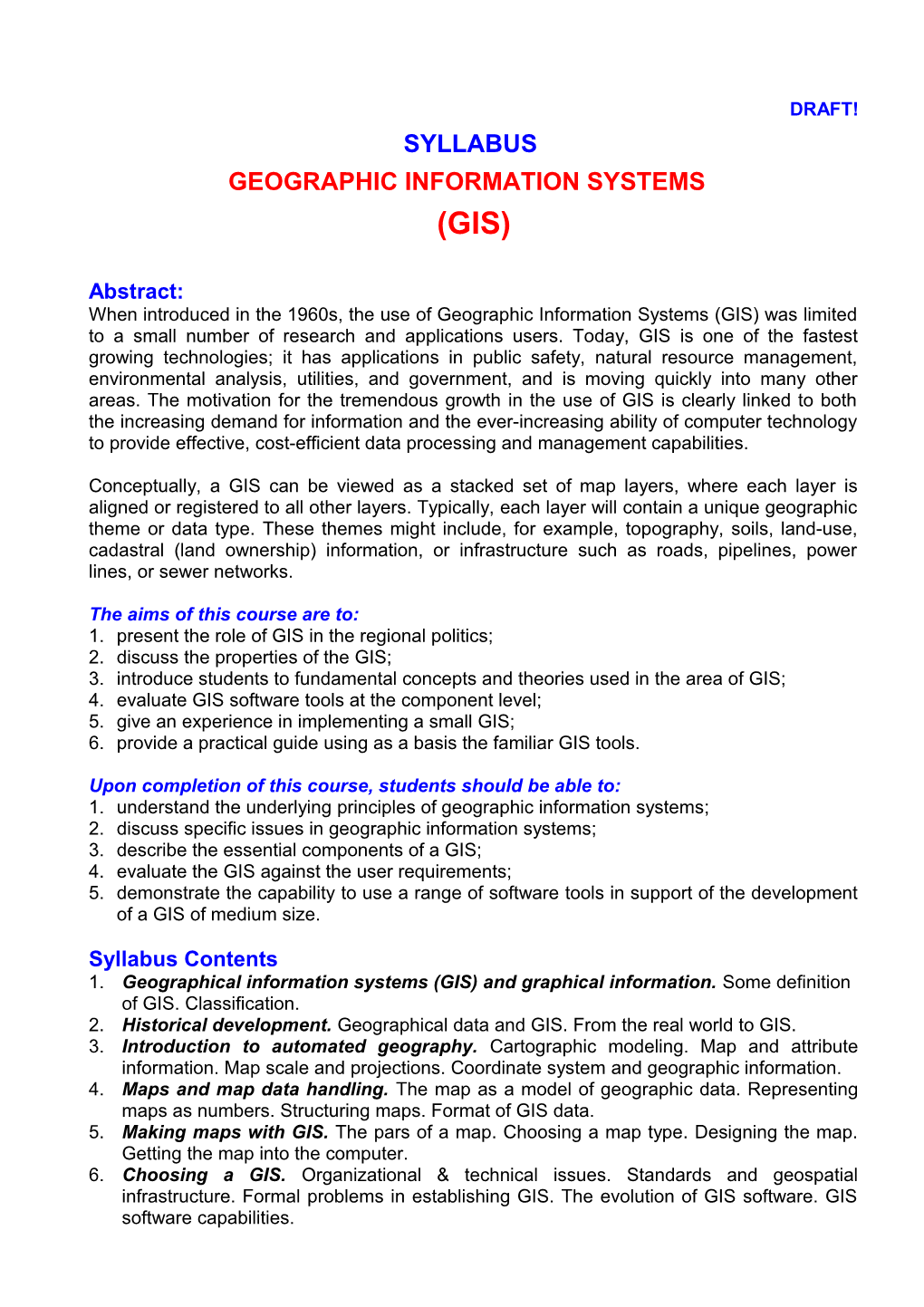 Syllabus of Geographic Information Systems