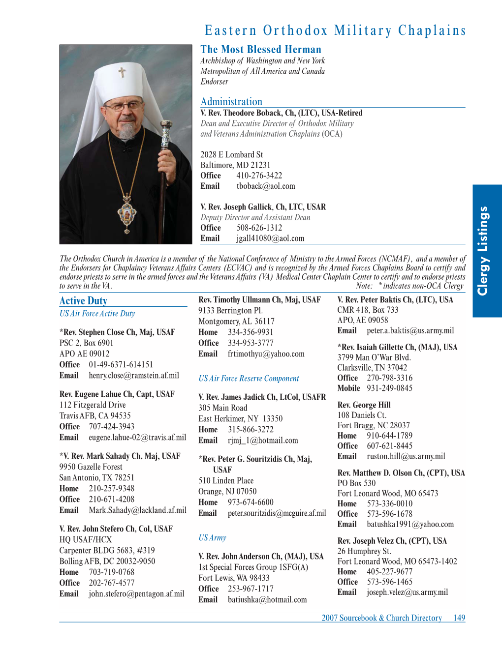 Eastern Orthodox Military Chaplains Clergy Listings