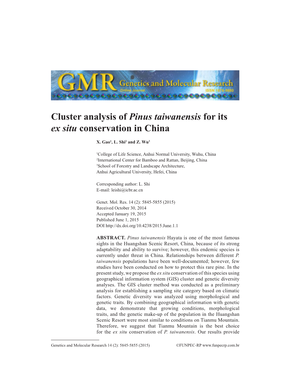 Cluster Analysis of Pinus Taiwanensis for Its Ex Situ Conservation in China