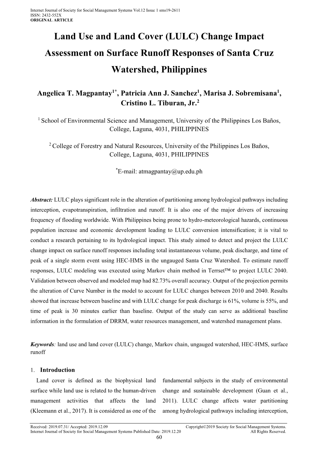 Land Use and Land Cover (LULC) Change Impact Assessment on Surface Runoff Responses of Santa Cruz Watershed, Philippines