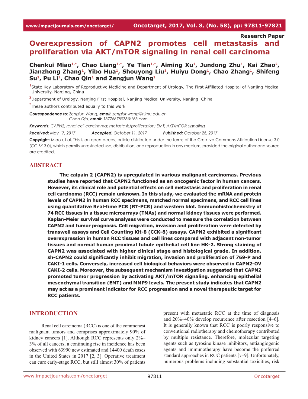 Overexpression of CAPN2 Promotes Cell Metastasis and Proliferation Via AKT/Mtor Signaling in Renal Cell Carcinoma