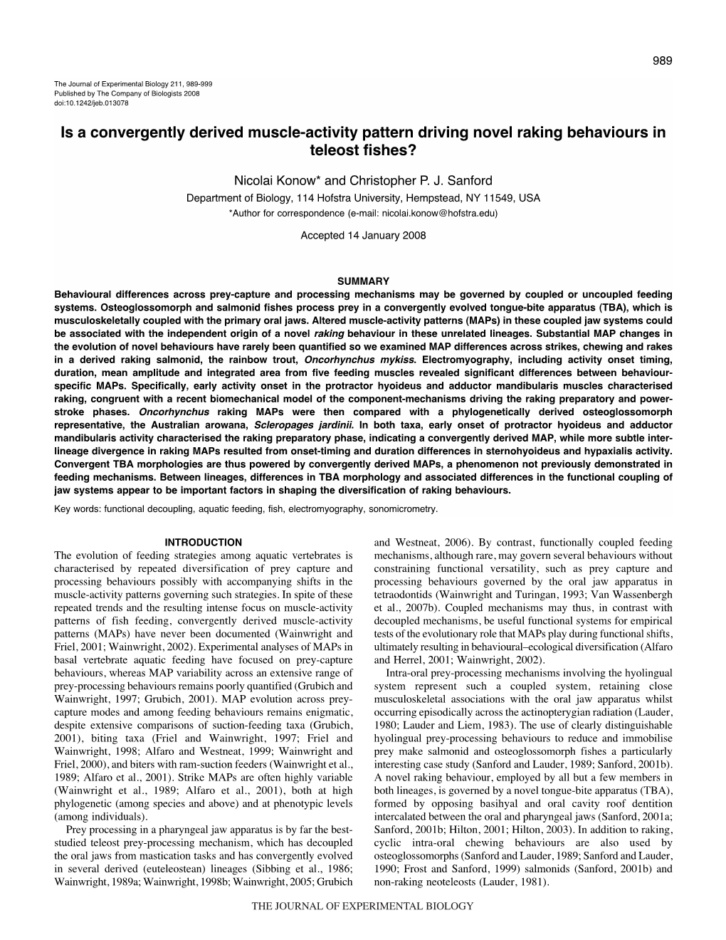 Is a Convergently Derived Muscle-Activity Pattern Driving Novel Raking Behaviours in Teleost Fishes?