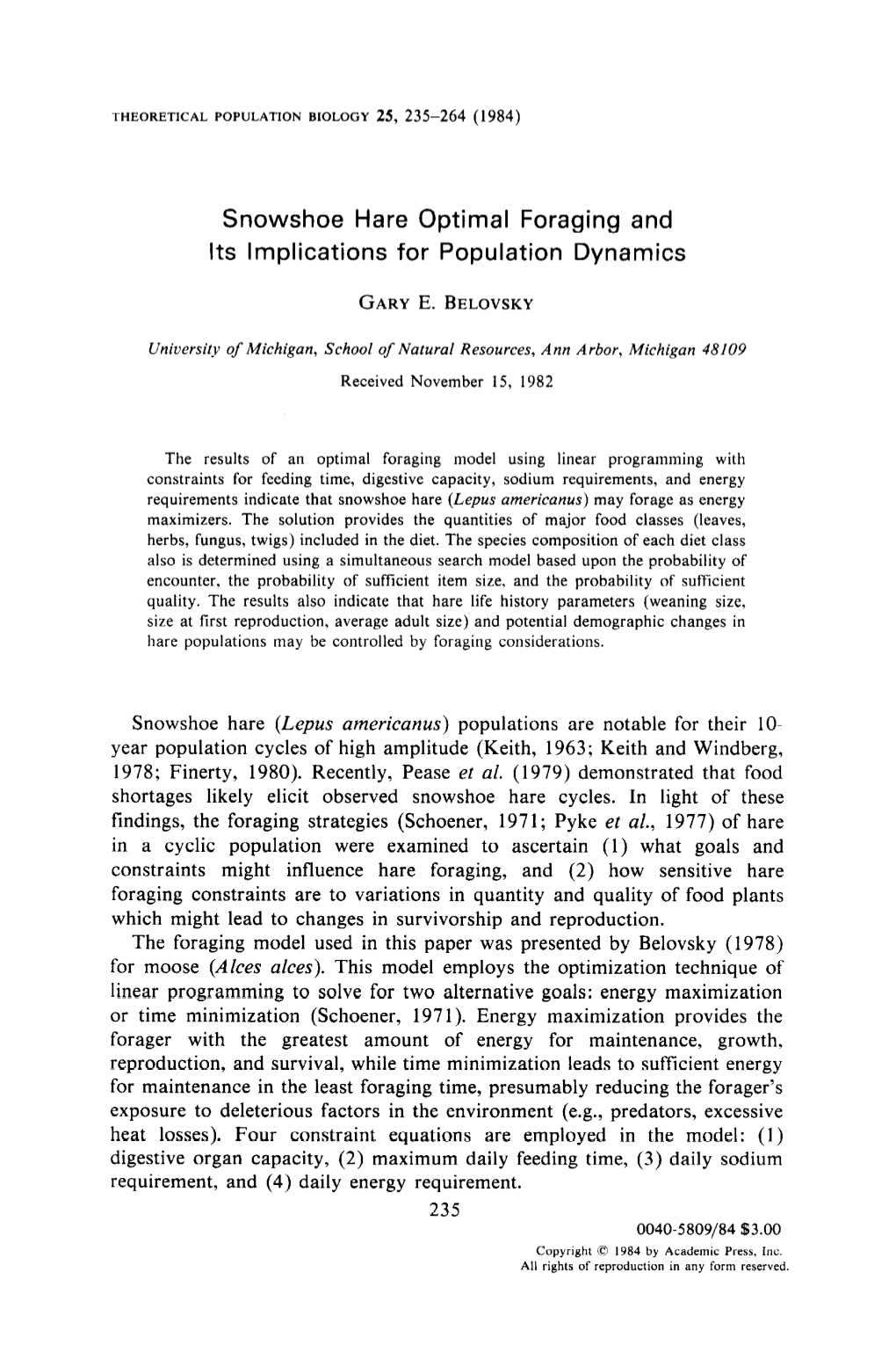 Snowshoe Hare Optimal Foraging and Its Implications for Population Dynamics