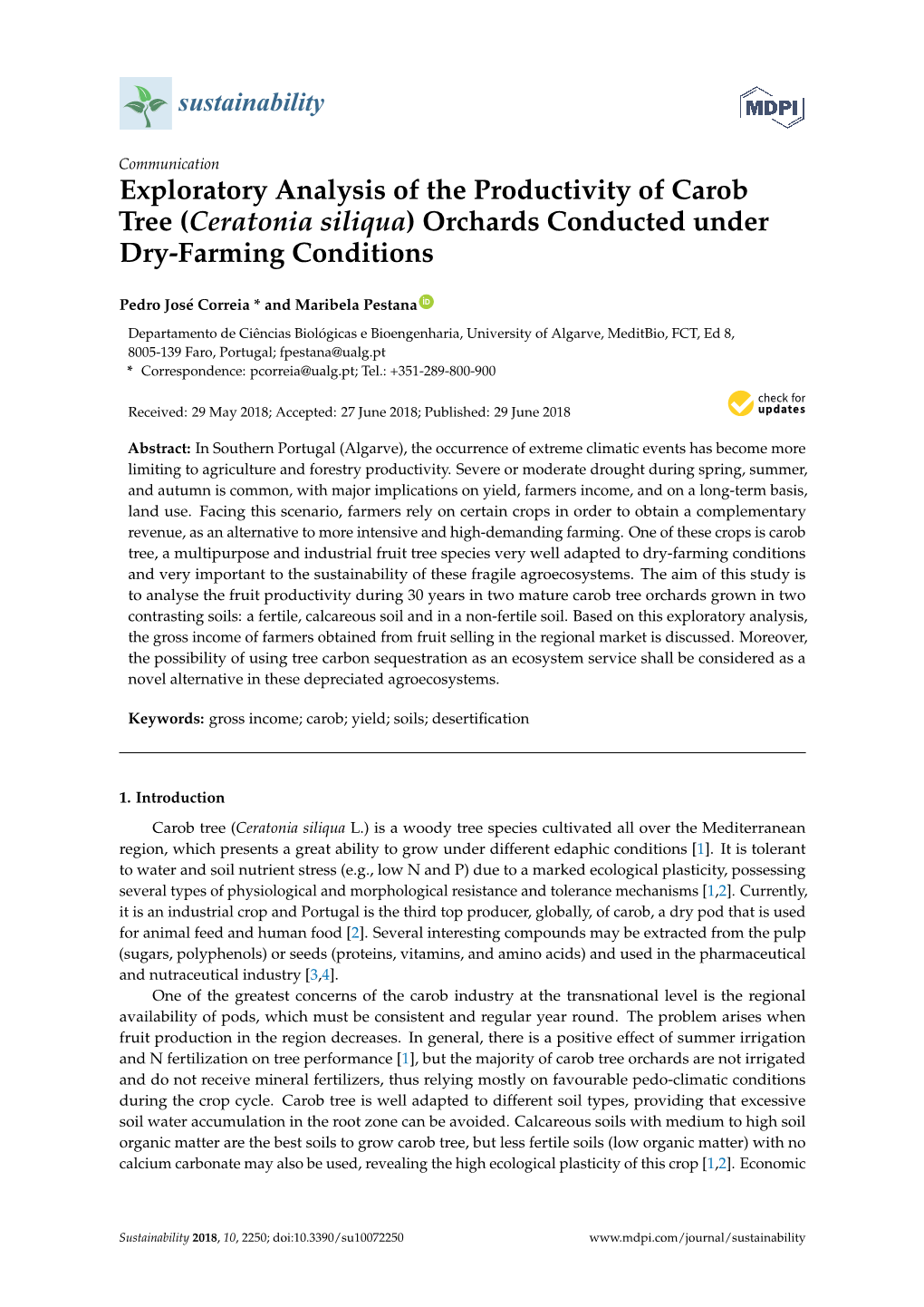 Exploratory Analysis of the Productivity of Carob Tree (Ceratonia Siliqua) Orchards Conducted Under Dry-Farming Conditions