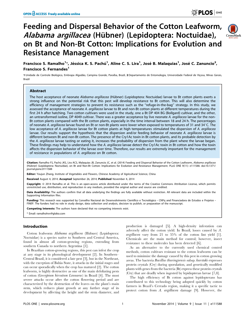 Feeding and Dispersal Behavior of the Cotton Leafworm