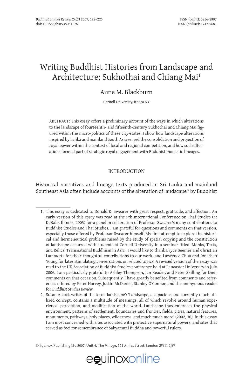 Writing Buddhist Histories from Landscape and Architecture: Sukhothai and Chiang Mai