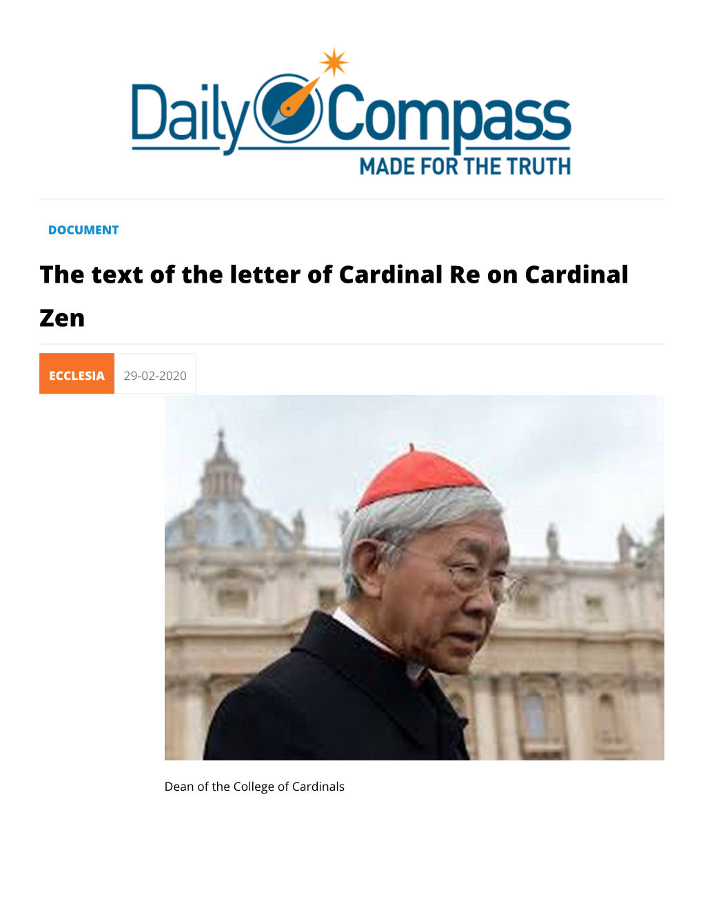 The Text of the Letter of Cardinal Re on Cardinal Zen