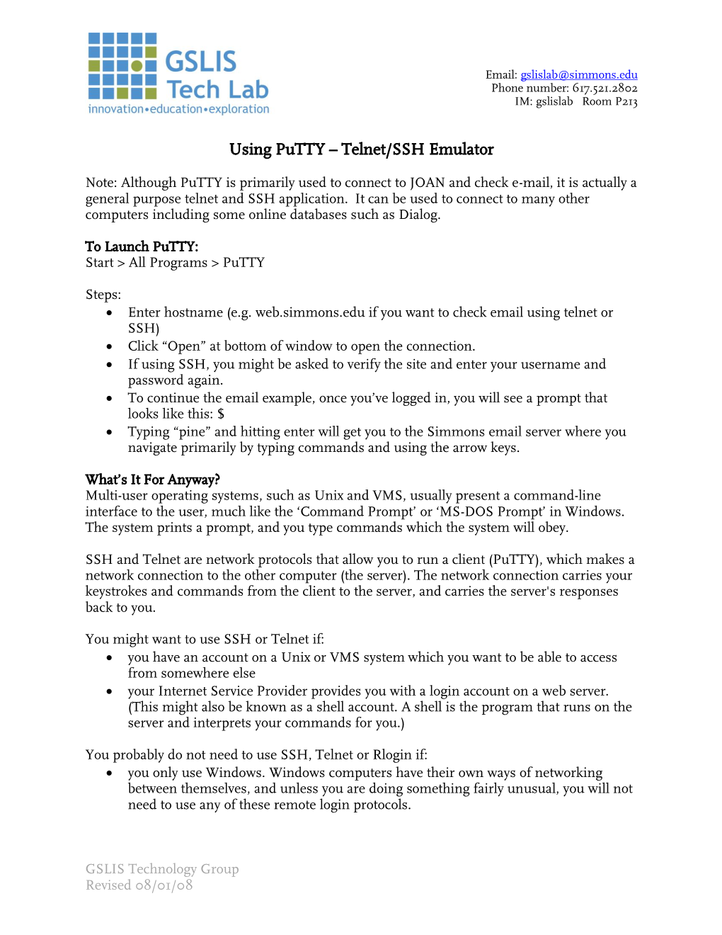 Using Putty – Telnet/SSH Emulator