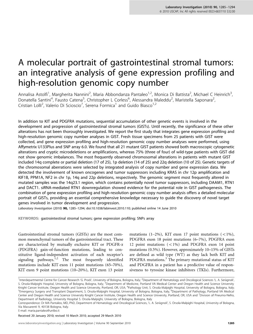 A Molecular Portrait of Gastrointestinal Stromal Tumors: an Integrative