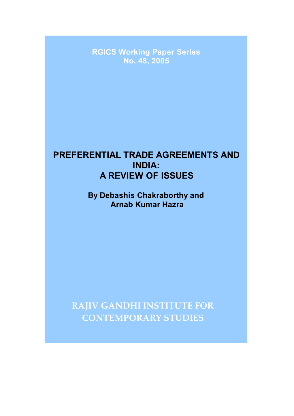 Preferential Trade Agreements and India: a Review of Issues