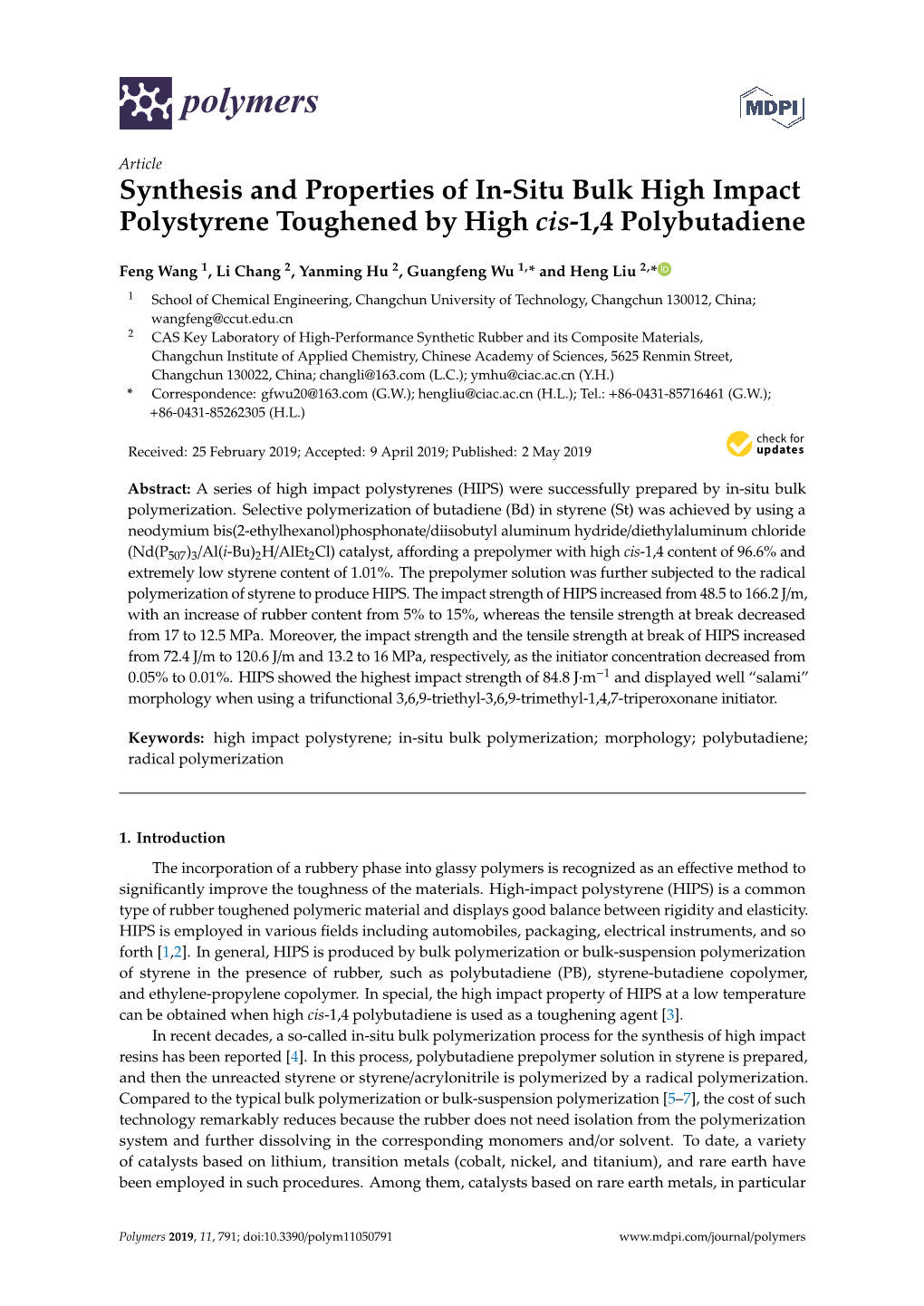 Synthesis and Properties of In-Situ Bulk High Impact Polystyrene Toughened by High Cis-1,4 Polybutadiene