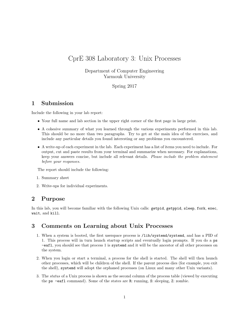 Cpre 308 Laboratory 3: Unix Processes