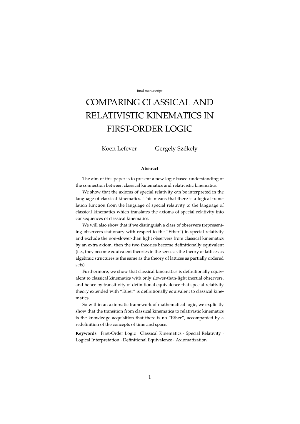 Comparing Classical and Relativistic Kinematics in First-Order Logic