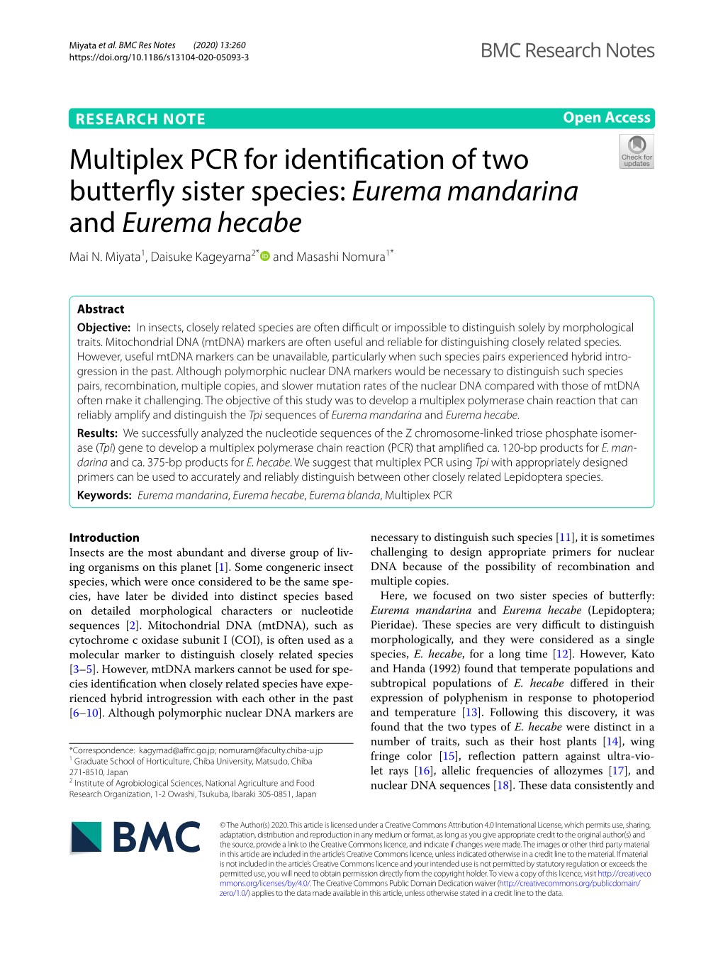 Multiplex PCR for Identification of Two Butterfly Sister Species: Eurema