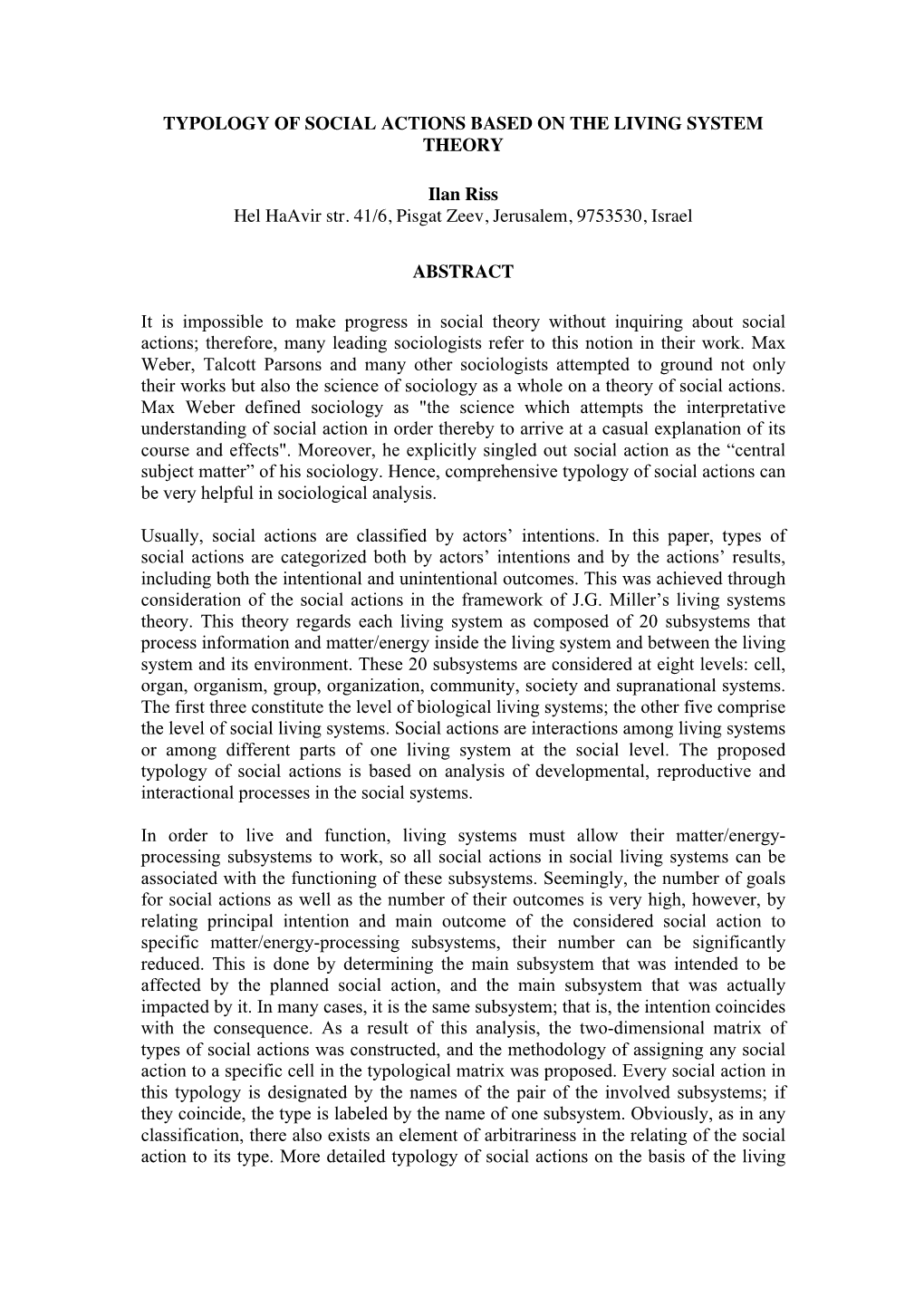 Typology of Social Actions Based on the Living System Theory