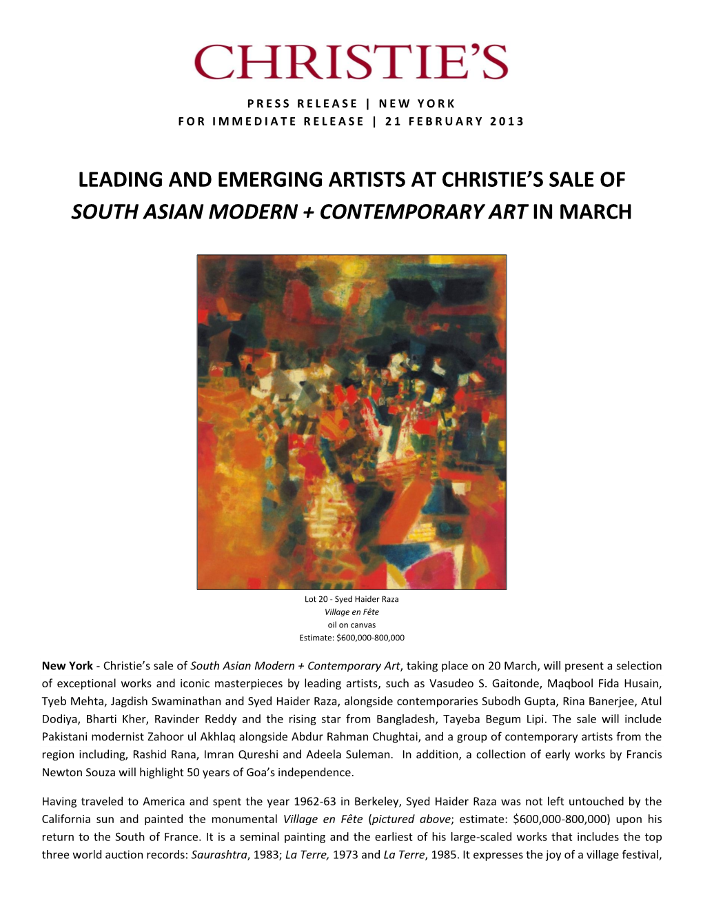 Leading and Emerging Artists at Christie's Sale of South Asian