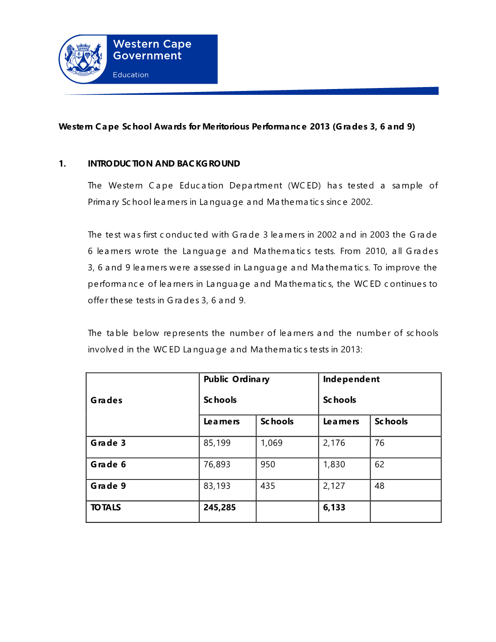 Western Cape School Awards for Meritorious Performance 2013 (Grades 3, 6 and 9)