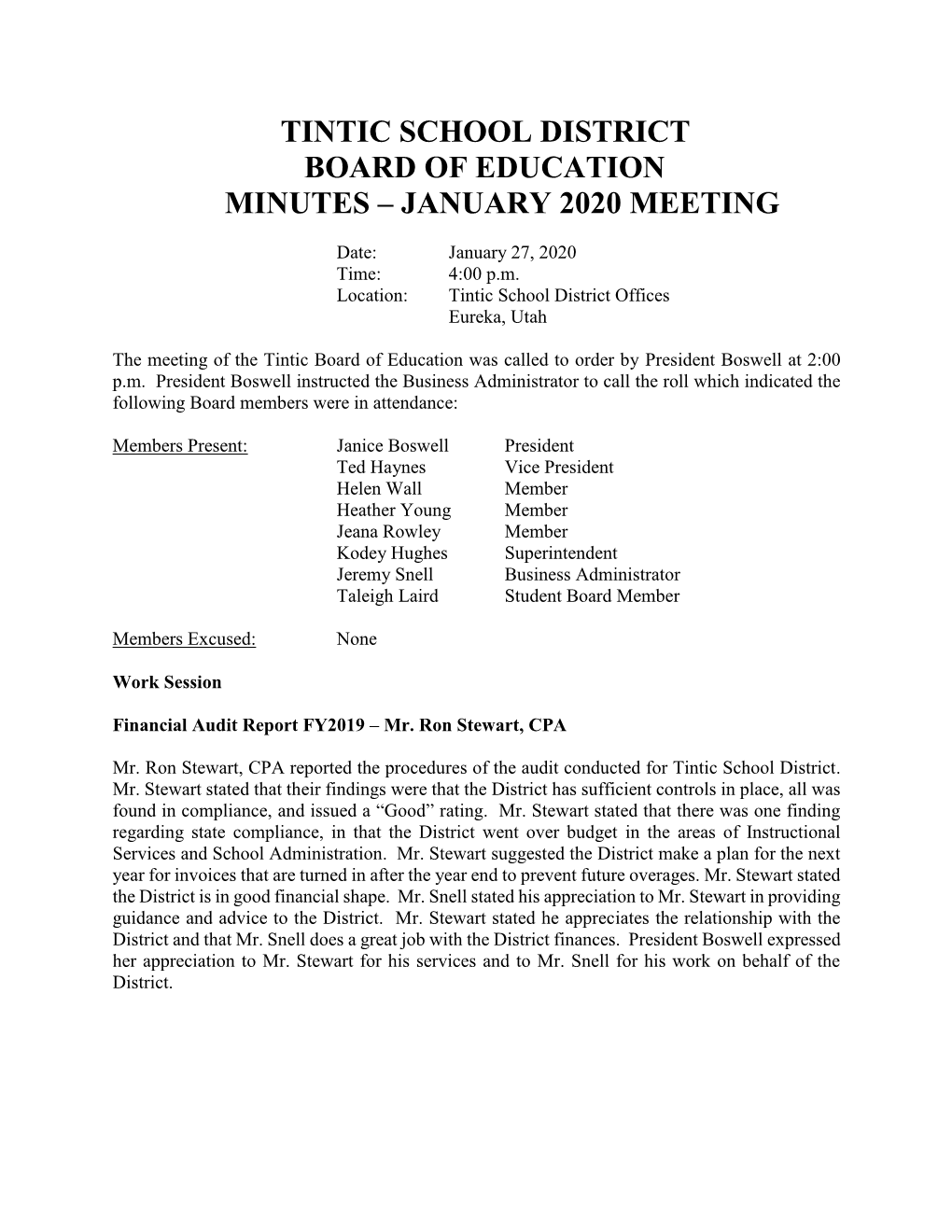 Tintic School District Board of Education Minutes – January 2020 Meeting