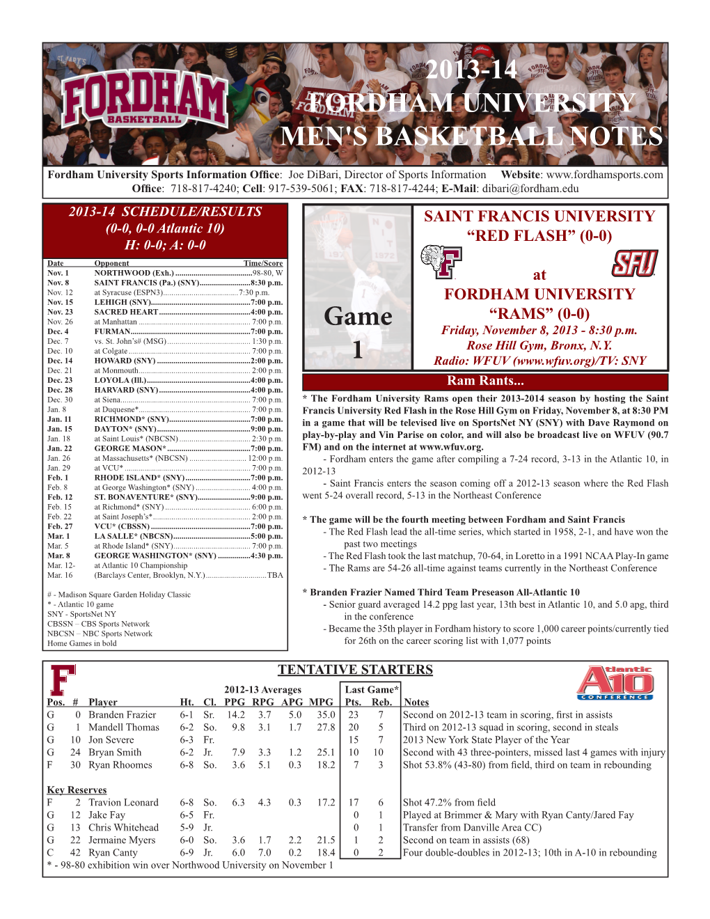 2013-14 FORDHAM UNIVERSITY MEN's BASKETBALL NOTES Game 1