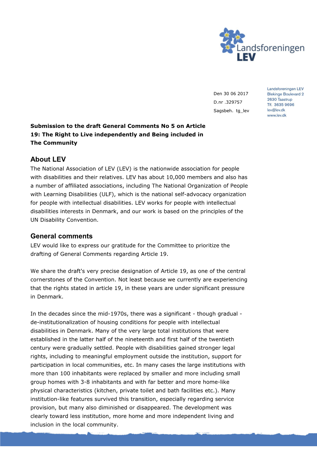 Submission to the Draft General Comments No 5 on Article 19: the Right to Live Independently